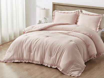 Chezmoi Collection Nora Blush Comforter Set Twin Size 2-Piece Lightweight Soft Stone-Washed Ruffled Shabby Chic Bedding for All Season