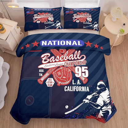 NINENINE Kids Baseball Comforter Set Queen Size, 3 Pieces Blue Boys Baseball Bedding Sets Queen, Sports Comforter Sets for Boys Girls Kids with 2 Pillowcases