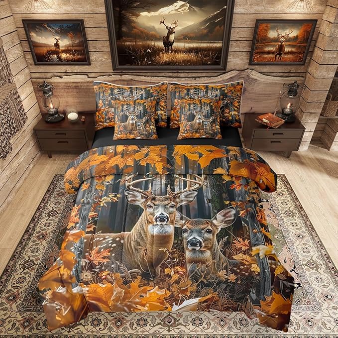 Erosebridal 7 Pieces Camo Deer Comforter Set with Sheets Twin Size | Rustic Hunting Deer Bedding Set for Kids Boys Men Adult Country Rural Hunting Animal Bed Sets Rustic Farmhouse Style Bed in A Bag