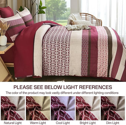 DJY Boho Comforter Set Queen Size,7 Pieces Bed in a Bag Burgundy Red Striped Bedding Sets,Patchwork Soft Microfiber Bedding Set for All Season(90"×90")