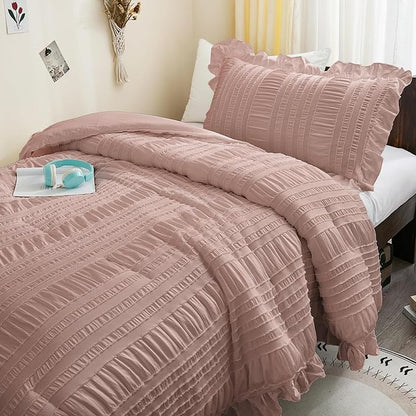 WONGS BEDDING Comforter Full Size, Pink Ruffle Comforter for Full Bed for Dorm Room Essentials, Soft Seersucker Textured Bedding Set Full Size Comforter Sets for Girls 90"×78"