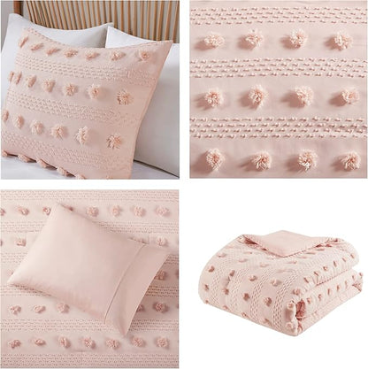 Intelligent Design Queen Comforter Set, Clipped Jacquard Comforter Set Chic Pompoms Accent, All Seasons Lightweight & Fluffy Comforter Bed Set with 2 Shams, Lucy, Full/Queen Pink 3 Piece
