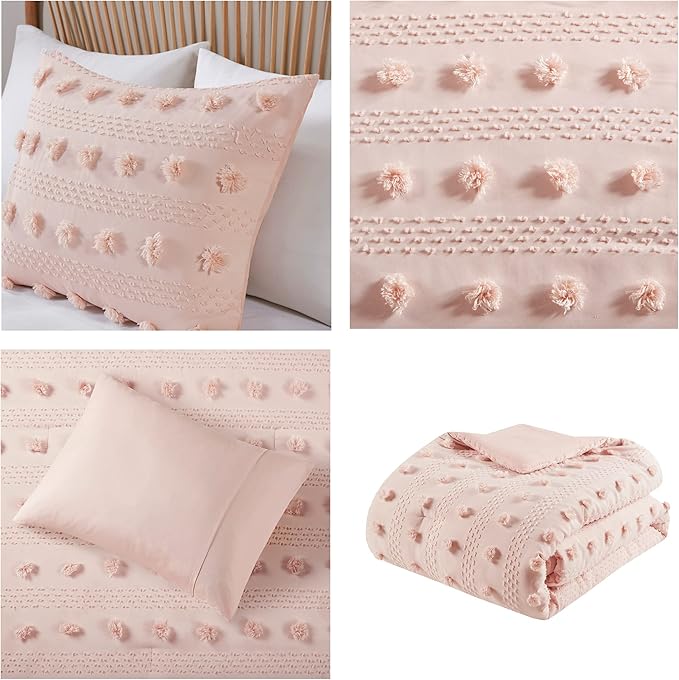 Intelligent Design Twin Comforter Set, Clipped Jacquard Comforter Set Chic Pompoms Accent, All Seasons Lightweight & Fluffy Comforter Bed Set with 1 Sham, Lucy, Twin/Twin XL Pink 2 Piece
