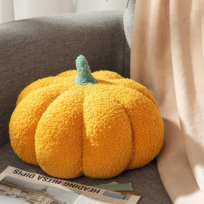 Kajaia 1 Pcs Pumpkin Pillow Plush 11 x 9.5 Inch 3D Cushion Fall Decorations Simulated Stuffed Throw Pillows for Halloween Thanksgiving Bedroom Sofa Couch Supplies (Yellow)