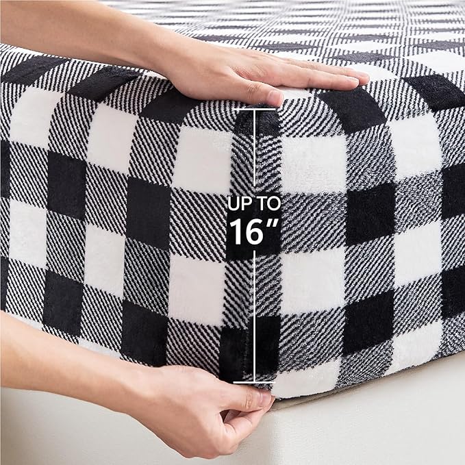 BEDELITE Flannel Sheets Queen Size Bed Set, Luxury Red and Black Plaid Winter Bedding Set, Super Soft & Warm Fuzzy Fleece Sheets 4 Piece(Include Fitted Sheet, Flat Sheet, 2 Pillowcases)