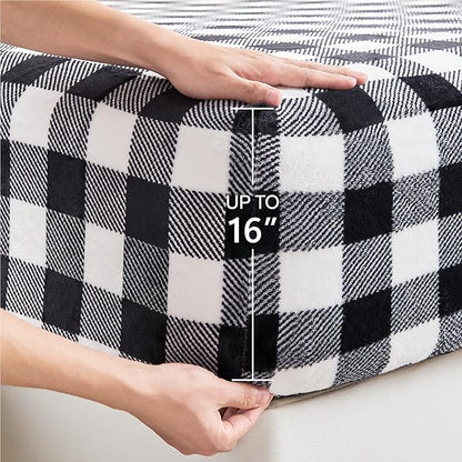BEDELITE Flannel Sheets Queen Size Bed Set, Luxury Red and Black Plaid Winter Bedding Set, Super Soft & Warm Fuzzy Fleece Sheets 4 Piece(Include Fitted Sheet, Flat Sheet, 2 Pillowcases)
