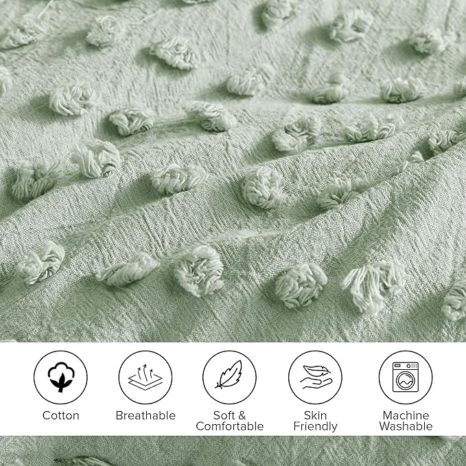 Comfort Spaces Queen Comforter Set Jacquard Pom-Pom Tufts Boho Comforter for Queen Size Bed, Microfiber Reverse, All Season & Lofty Queen Bedding Set & Sham, Phillips, Full/Queen, Sage Green 3 Piece