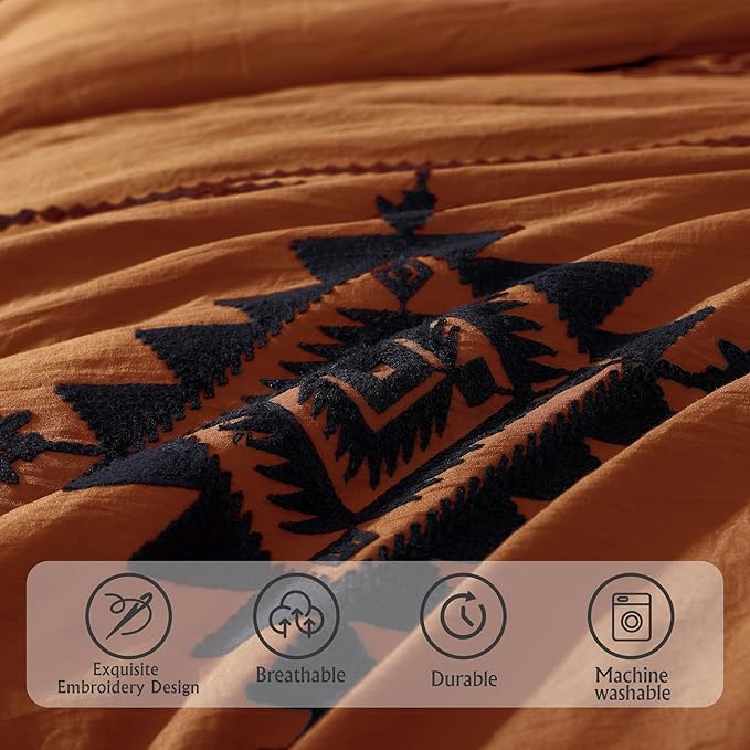 MaiRêve Super King Comforter Set Burnt Orange, Embroidery Western Boho Bedding Set 7 Pieces, All Season Farmhouse Bed in A Bag Comforter Set with Sheets, Pillowcases & Shams