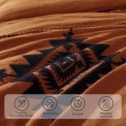 MaiRêve Super King Comforter Set Burnt Orange, Embroidery Western Boho Bedding Set 7 Pieces, All Season Farmhouse Bed in A Bag Comforter Set with Sheets, Pillowcases & Shams