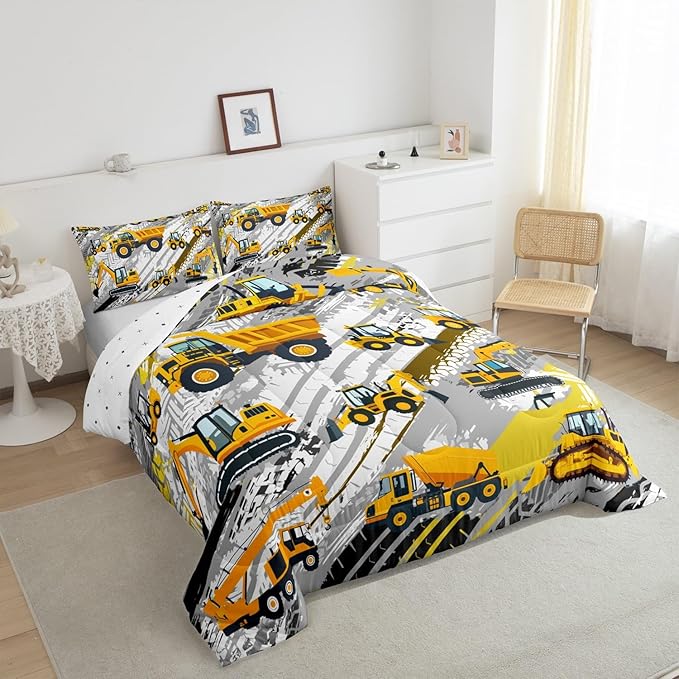 Boys Construction Comforter Set Truck Bedroom Decor for Kids Girls Under Construction Vehicles Down Comforter Toddler Child Cartoon Machinery Truck Excavator Bedding Tractor Cars Duvet Quilt,Queen