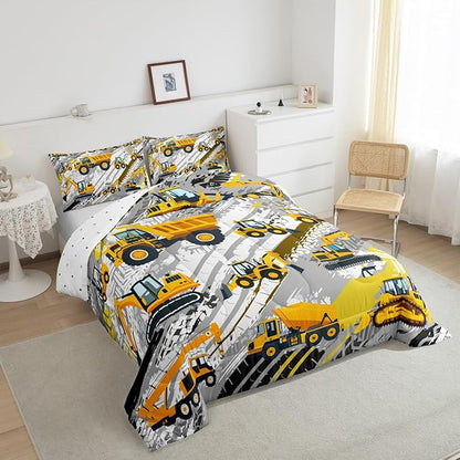 Boys Construction Comforter Set Truck Bedroom Decor for Kids Girls Under Construction Vehicles Down Comforter Toddler Child Cartoon Machinery Truck Excavator Bedding Tractor Cars Duvet Quilt,Queen