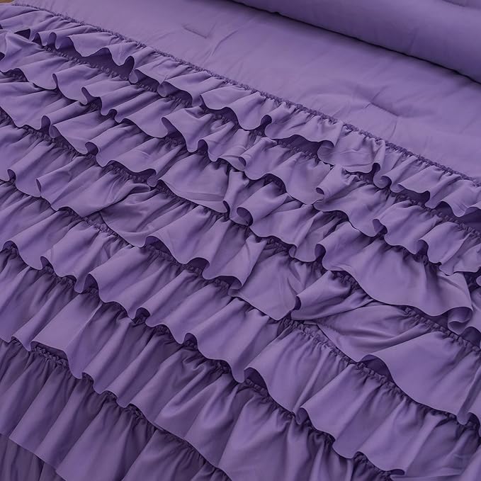 MWMWMW Girls Purple Ruffle Comforter Set Full, Purple Ruffle Bedding Set, 3Pcs Full Size Bedding Sets for Kids Girls, All Season Use