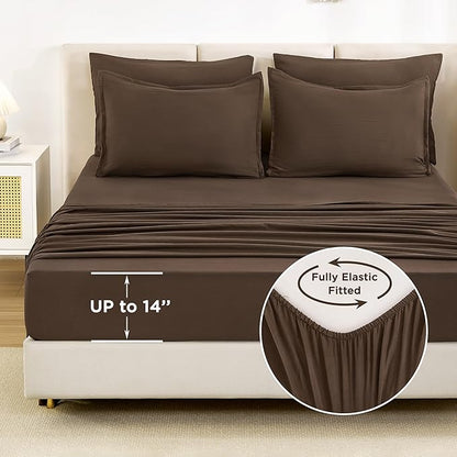 Litanika Full Size Comforter Sets Brown - 7 Pieces Bed in a Bag Full Bedding Comforter Sets, Solid Lightweight Bed Set with Comforter, Sheets, Pillowcases & Shams