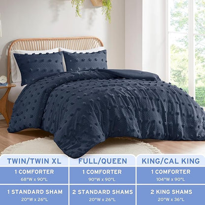 Intelligent Design King Comforter Set, Clipped Jacquard Comforter Set Chic Pompoms Accent, All Seasons Lightweight & Fluffy Comforter Bed Set with 2 Shams, Lucy, King/Cal King Navy 3 Piece