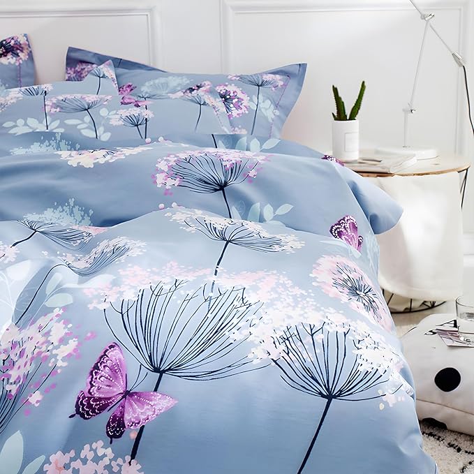 MKXI Purple Floral Comforter Set Dandelion Print Comforter Queen Set Cozy Patterned Comforter Reversible Flowers Bedding Set Queen Size