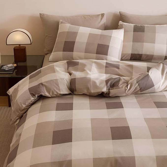 Houseri Coffee Color Plaid Comforter Set Queen Vintage Grid Bedding Sets