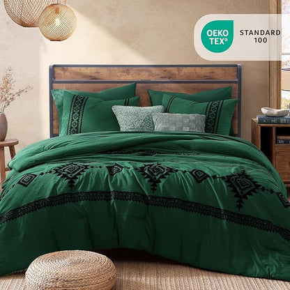MaiRêve Embroidery Comforter Set, Boho Farmhouse Western Bedding Set, All Season Bed in A Bag Comforter Set with Sheets, Pillowcases & Shams, Emerald Green Full 7 Pieces