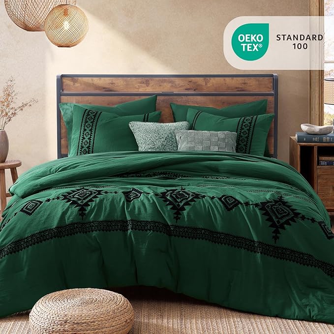 MaiRêve Embroidery Comforter Set, Boho Farmhouse Western Bedding Set, All Season Bed in A Bag Comforter Set with Sheets, Pillowcases & Shams, Emerald Green Queen 7 Pieces