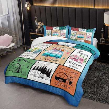 HOSIMA Happy Camping Decor Comforter Set,Cartoon Camper Bedding Queen Size for Kids Teen Girls Boys Room Decor,Camper Accessories for Travel Trailers Themed Bedding with 2 Pillowcases.