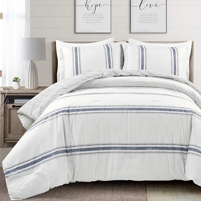 Lush Decor Farmhouse Stripe Reversible Cotton Comforter Set, 3 Piece Set, Full/ Queen, Navy - Cozy Farmhouse Bedding Set - Rustic Decor - Striped Comforter - Modern Farmhouse Bedroom Decor