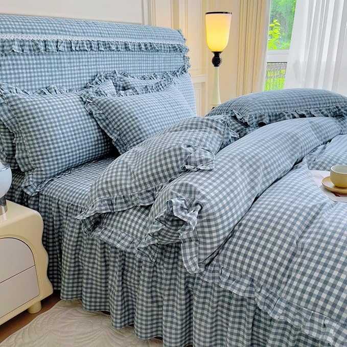mixinni Vintage Blue Gingham Ruffle Comforter Set 3-Piece Washed Cotton Queen Size Grid Bedding Set with Geometric Checkered Pattern, Farmhouse Chic Soft Fluffy Comforter for All-Season