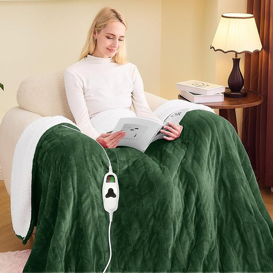 greenoak Heated Blanket Electric Twin 62"X84", Heating Blankets with 10 Levels 8 Hours Auto-Off, Soft Flannel Sherpa Fluffy House Warming Gifts for Grandma Seniors Momt, Jade Green