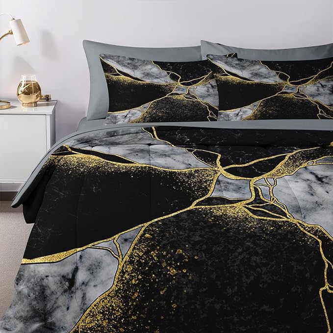 Nesker 7 Pcs Comforter Set Queen Size, Marble Black Gold Bedding Set for Kids and Adults, Grey Abstract Modern Sheets Bed Sheet Sets with Fitted Sheet 2 Pillowcases & 2 Shams