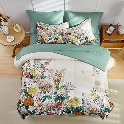 Joyreap Bed in a Bag Queen, 7 Piece Floral Comforter Sheet Set, Flowers on Light Khaki Floral Design, All Season Microfiber Bedding Comforter Set