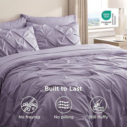 Bedsure Twin Comforter Set Grayish Purple - Bed in a Bag Twin Size Bedding 5 Pieces, GentleSoft™ Pintuck Bed Set Gift for Family, Pinch Pleat Grayish Purple Comforter with Sheets, Pillowcase & Sham