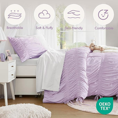 Intelligent Design Twin Comforter Set Ruched Shabby Chic Comforters for Twin Size Bed, All Season Lightweight Purple Ruffle French Country Bedding Set, Sham, Ella, Twin/Twin XL, Lavender 2 Piece