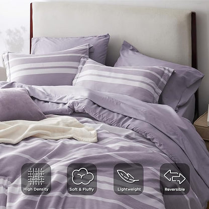 Bedsure Queen Comforter Set 7 Pieces, Purple Striped Bedding Set for All Seasons, Reversible, Cationic Dyeing Bed in a Bag with Comforter, Sheets, Pillowcases & Shams