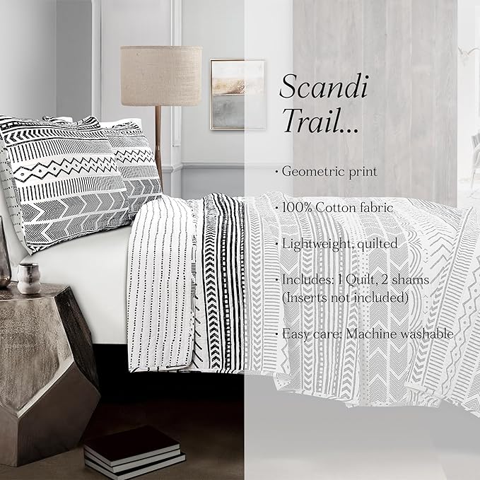 Lush Decor Hygge Geo Pattern Striped 3 Piece Quilt Bedding Set, Full/Queen, Black & White