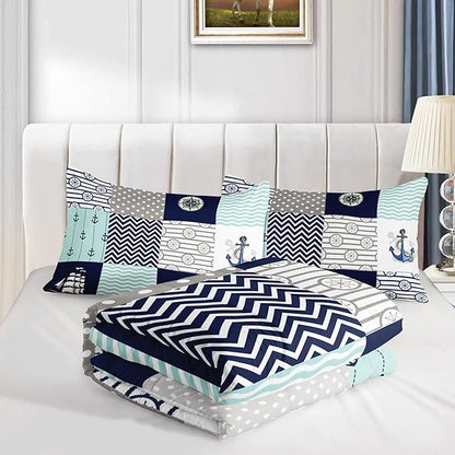 HOSIMA Nautical Comforter Set Twin,Plaid Patchwork Ocean Themed Bedding Sailboat and Anchor Print Kids Bedding Set for Boys Adult Kids Girls,Navy Blue Comforter Twin Size with 2 Pillow Shams.