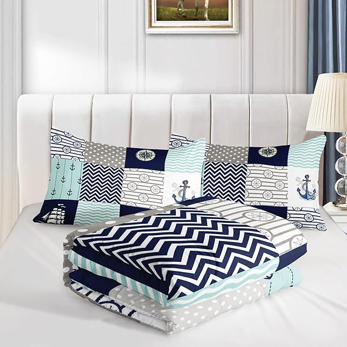HOSIMA Nautical Comforter Set Full,Plaid Patchwork Ocean Themed Bedding Sailboat and Anchor Print Kids Bedding Set for Boys Adult Kids Girls,Navy Blue Comforter Full Size with 2 Pillow Shams.