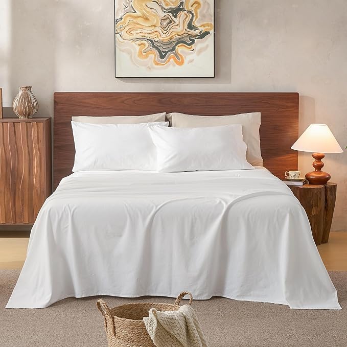 100% Linen Sheets Queen Size,Breathable & Durable 4-Piece Bed Flax Sheet Set,Soft All-Season Bedding for Hot Sleepers 16" Deep Pocket Oeko-TEX Certified,（Queen, White）
