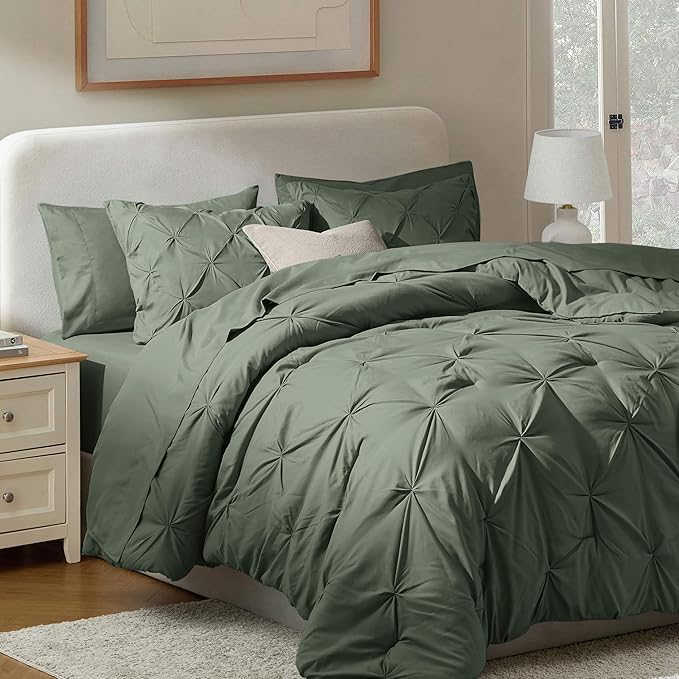 Nestl Pinch Pleated Comforter Set - 7 Piece Olive Green Bed in a Bag, All Season King Bedding Set with Flat Sheet, Fitted Sheet, Pillowcases and Shams