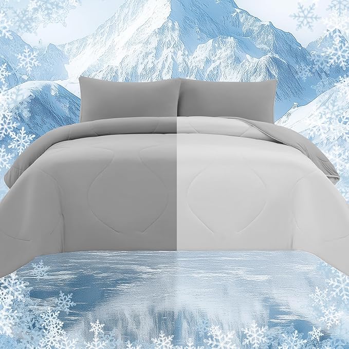 Cooling Comforter Set Twin- Grey Reversible Cooling Comforter Set with Sheets - Soft Breath Comforter 3pcs Set (Comforter+Fitted Sheets+Pillowcase)