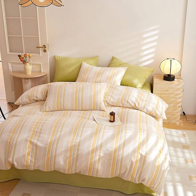 HighBuy Striped Comforter Set Queen Size Comfy Soft Yellow Stripes Pattern Bedding Comforter Set Fluffy Farmhouse Bohemian Bed Set 3 Piece,1 Comforter 2 Pillowcases,All Season,Breathable