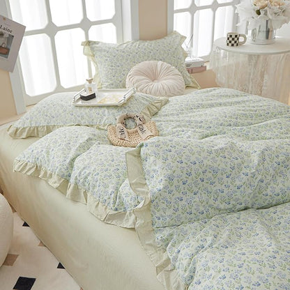 HighBuy Green Lace Comforter Set Full Ruffle Blue Flower Comforter Fluffy Chic Reversible Stripes Ruffle Bedding Set Vintage Boho Comforter with 2 Pillow Shams for Teen Girls