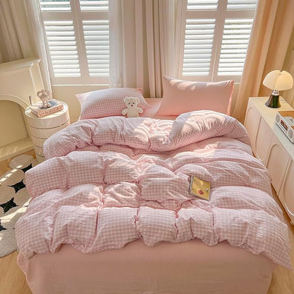 mixinni Gingham Comforter Set Full Size - 3 Piece Light Pink Plaid Farmhouse Bedding, Soft Washed Cotton All-Season Comforter & Pillow Shams, Grid Pattern Classic Style for Boys Girls