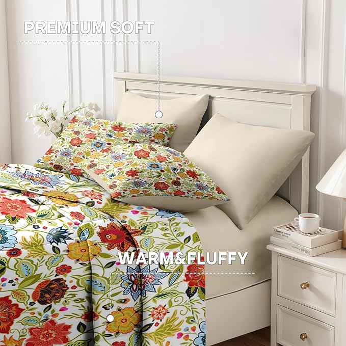 Nesker 7 Pcs Spring Comforter Set Full Size, Floral Boho Bedding Set for Kids and Adults, Vibrant Leaves Bed Sheet Sets with Fitted Sheet 2 Pillowcases & 2 Shams