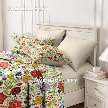 Nesker 7 Pcs Spring Comforter Set Full Size, Floral Boho Bedding Set for Kids and Adults, Vibrant Leaves Bed Sheet Sets with Fitted Sheet 2 Pillowcases & 2 Shams