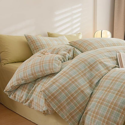 HighBuy Green Khaki Plaid Comforter Set Twin XL Modern Chic Gingham Bed Comforter with 2 Pillowcases Vintage Checkered Grid Fluffy Comforter Sets for Teen Girls,Breathable Comfy Farmhouse