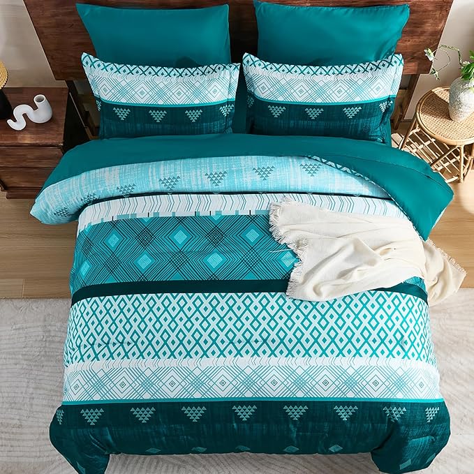 Xruibed Teal Queen Comforter Set 7 Pieces, Boho Striped Bed in a Bag Queen Size Soft Microfiber All Season Bedding Set with Comforter, Sheets, Pillowcases & Shams(90"×90")