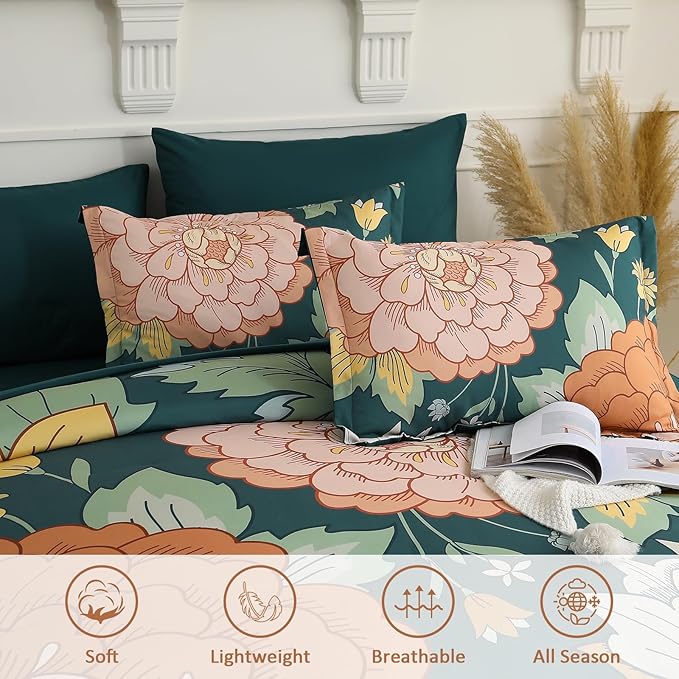 DJY 7 Pieces Green Floral Comforter Set Bed in a Bag Queen, Boho Botanical Comforters Sets with Sheets Set, Soft Microfiber Farmhouse Bedding Set for All Season(90''x90'')