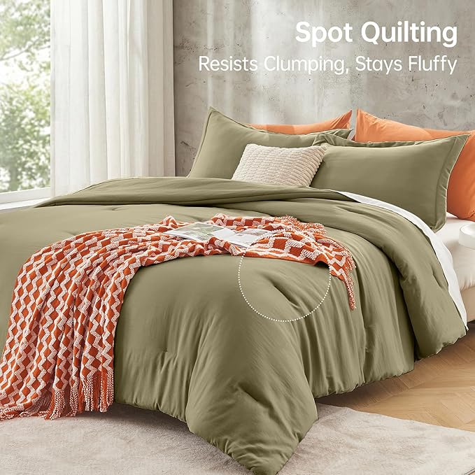 MUXHOMO Full Comforter Set, All Season Ultra Soft Down Alternative Bedding - 3 Piece Lightweight Bed Set Includes 1 Comforter (82"x86") and 2 Pillow Shams (20"x26"), Olive Green