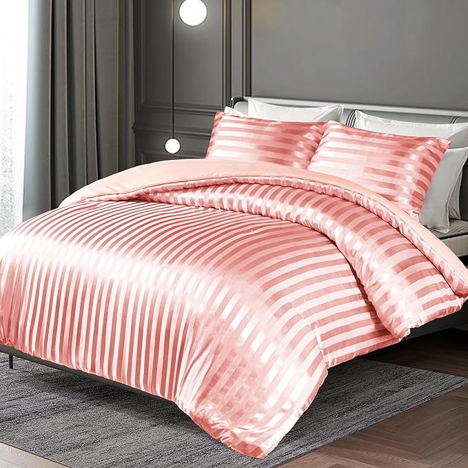 Whale Flotilla 2-Piece Reversible Silky Soft Twin Size Comforter Set, Luxury Stripe Satin Comforter Bedding Set with Satin Pillowcase, Lightweight Duvet for All Seasons, Pink