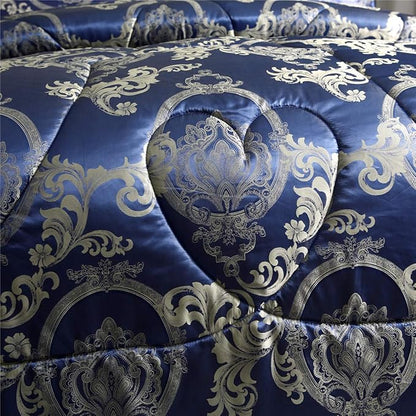 Comforter Set Satin Silk Blanket All Season Bed Luxury Royal Blue Jacquard Quilt Bedding Sets Matching 2 Pillow Shams (Full/Queen, 88x88 inches, 3 Pieces)