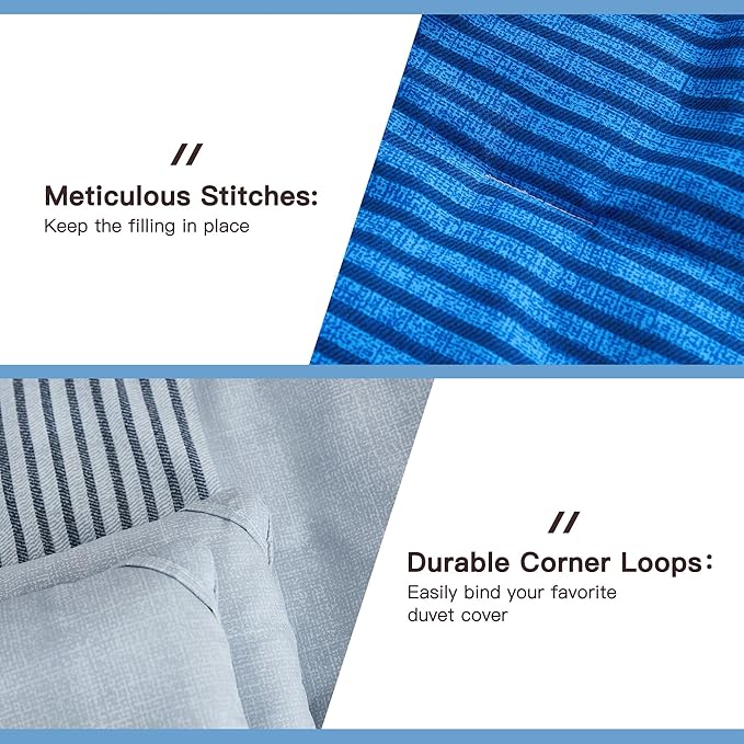 Litanika Bed Comforter Full Set Grey Blue, Striped Bedding Set, 3 Pieces Lightweight Soft All Season Down Alternative Comforter and 2 Pillowcases