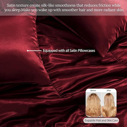 Whale Flotilla 3-Piece Reversible Silky Soft Queen Comforter Bedding Set, Luxurious Satin Comforters Full Size with 2 Satin Pillowcases, Lightweight Duvet for All Seasons, Red